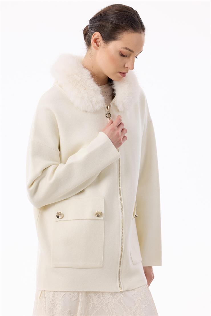 Yakası Kürklü Hırka EKRU