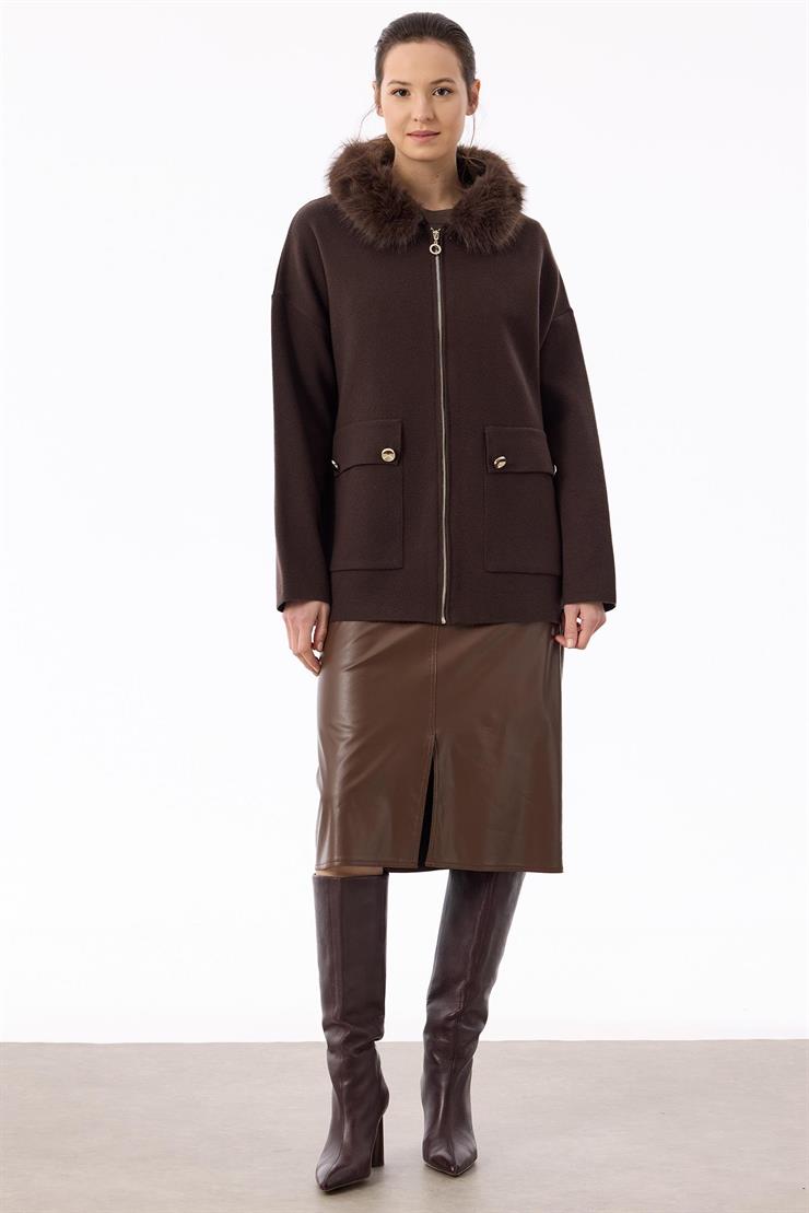 Yakası Kürklü Hırka KAHVE