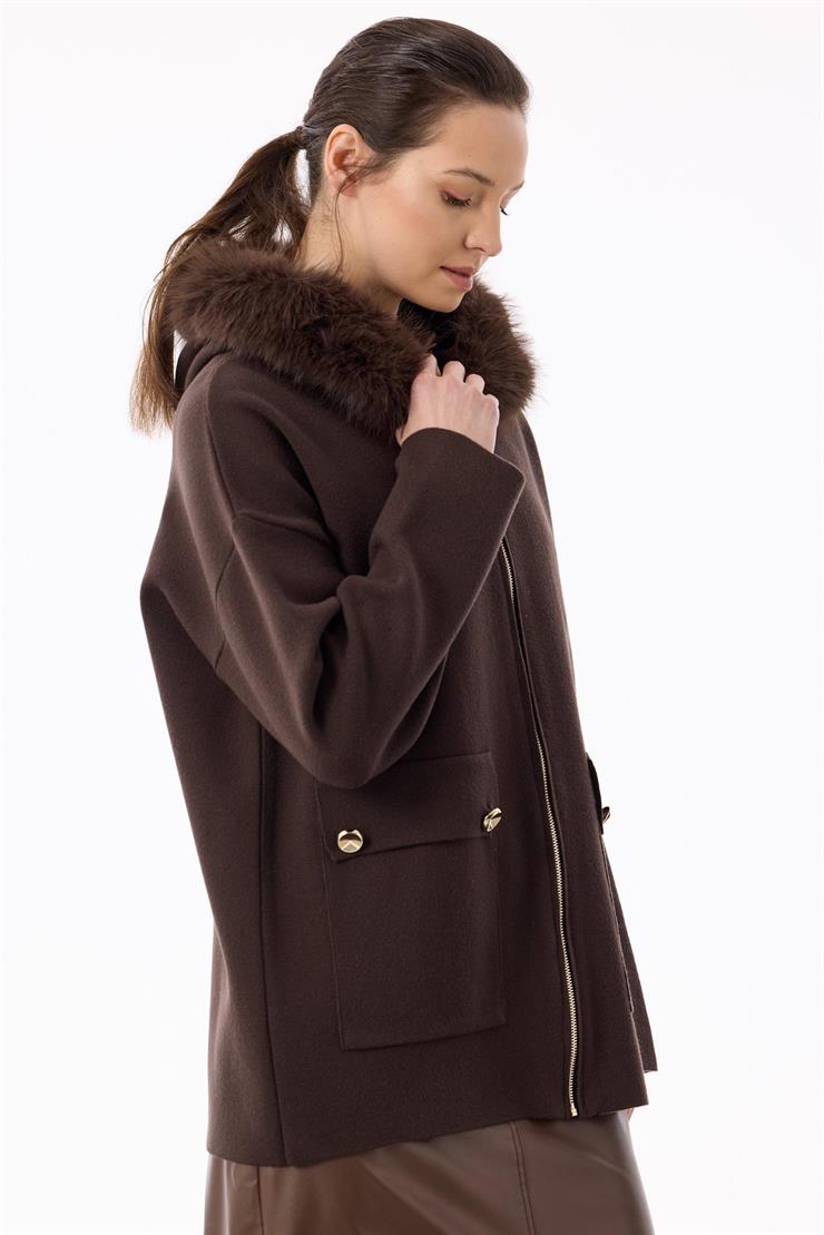 Yakası Kürklü Hırka KAHVE