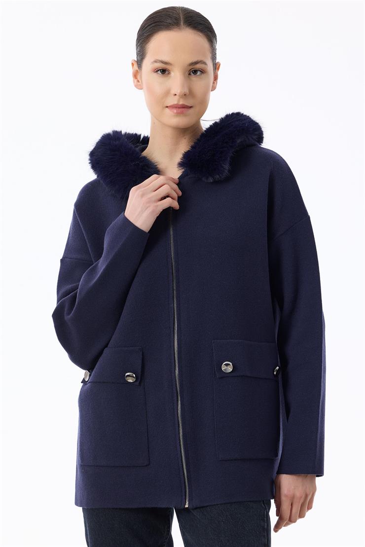 Yakası Kürklü Hırka LACİVERT