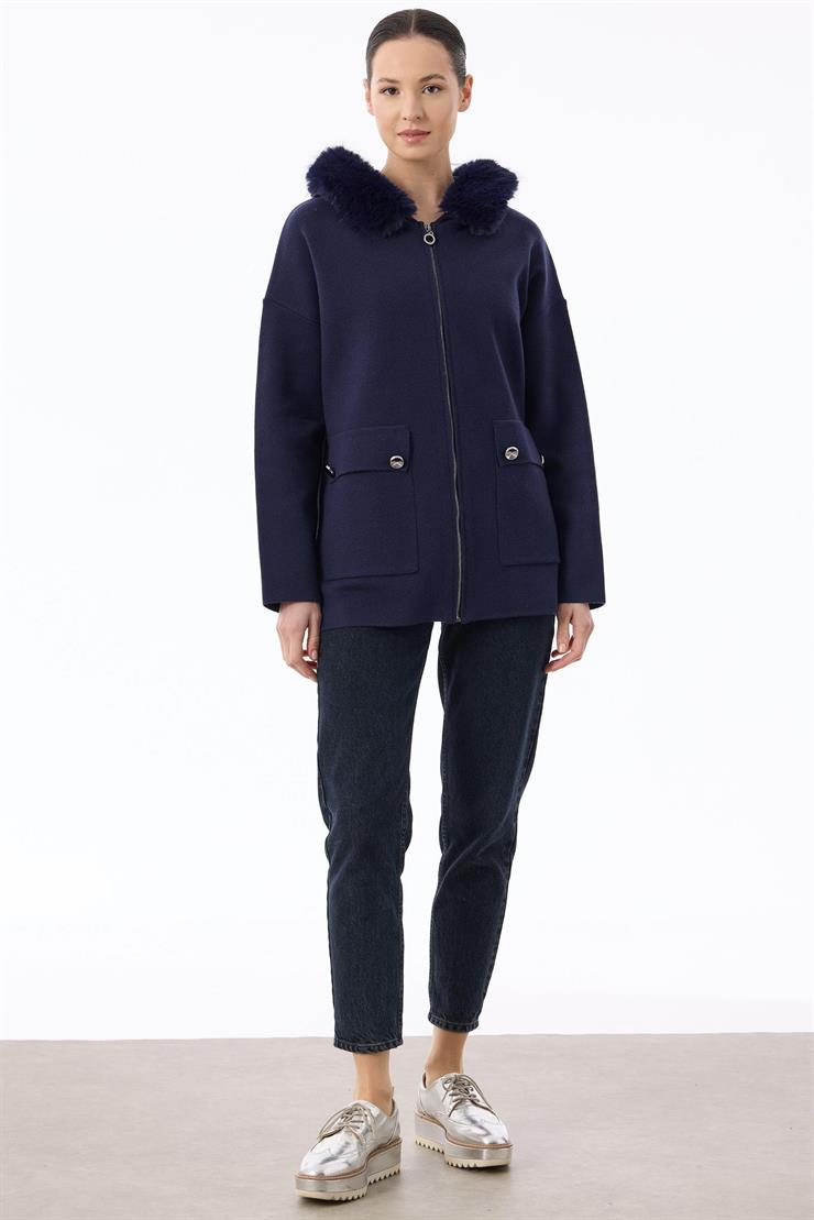 Yakası Kürklü Hırka LACİVERT