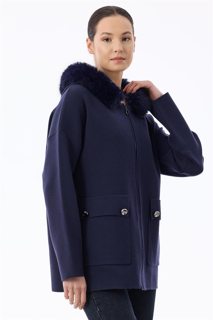 Yakası Kürklü Hırka LACİVERT