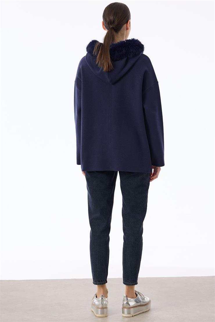 Yakası Kürklü Hırka LACİVERT