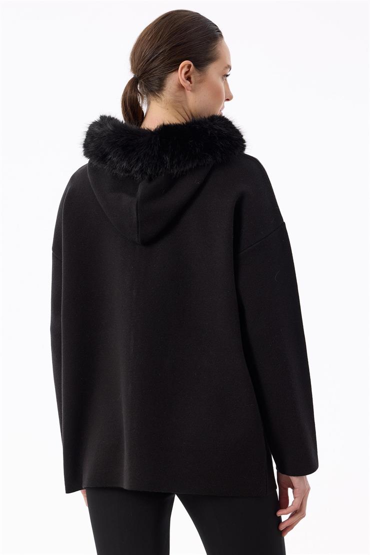 Yakası Kürklü Hırka SİYAH