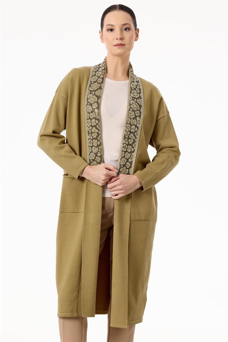 Yakası Leopar Jakarlı Uzun Triko Hırka BEJ