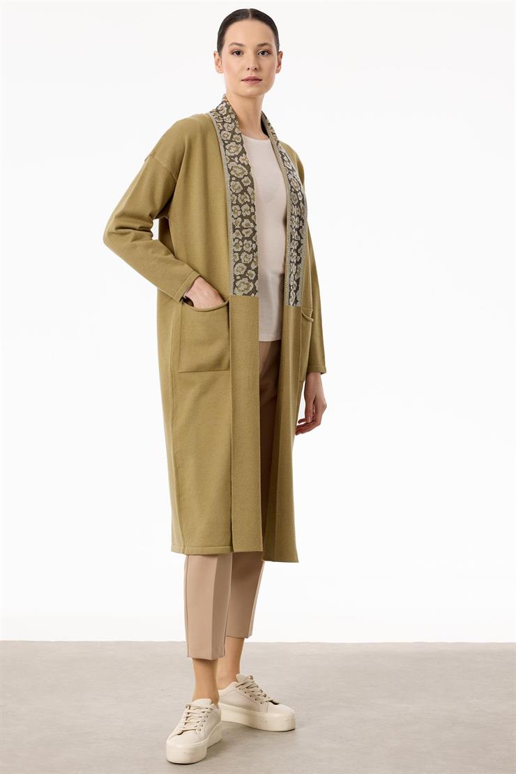 Yakası Leopar Jakarlı Uzun Triko Hırka BEJ