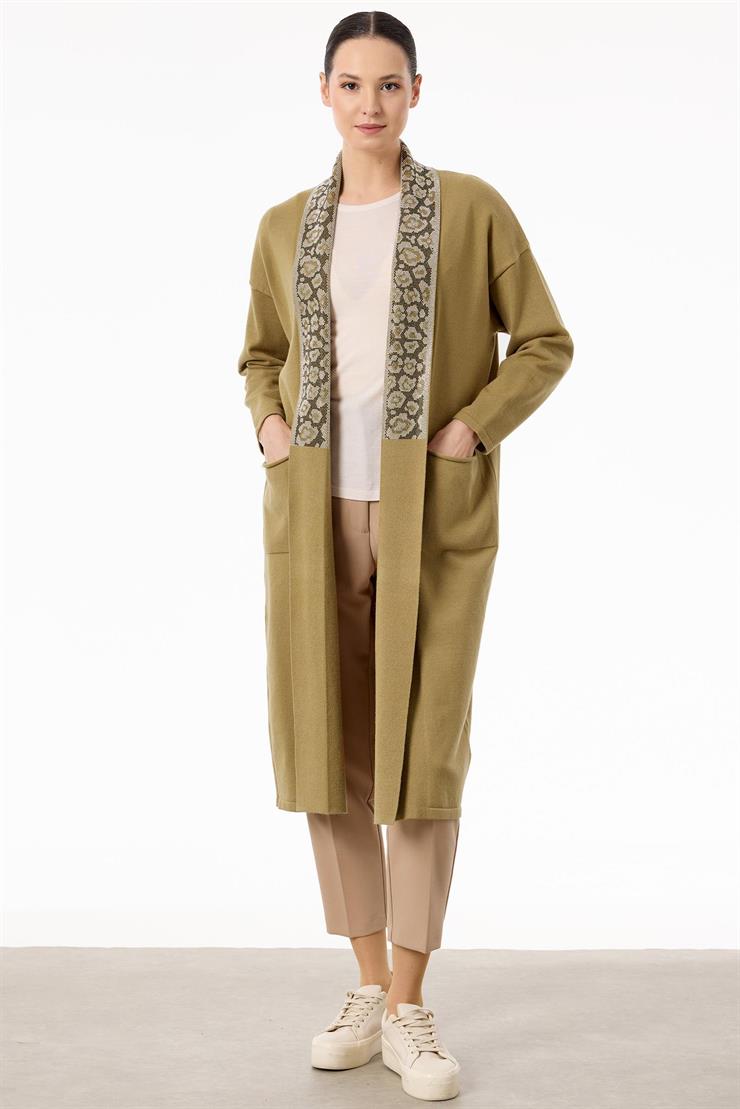 Yakası Leopar Jakarlı Uzun Triko Hırka BEJ