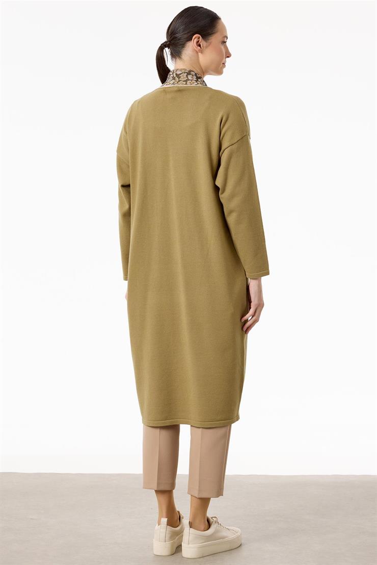 Yakası Leopar Jakarlı Uzun Triko Hırka BEJ