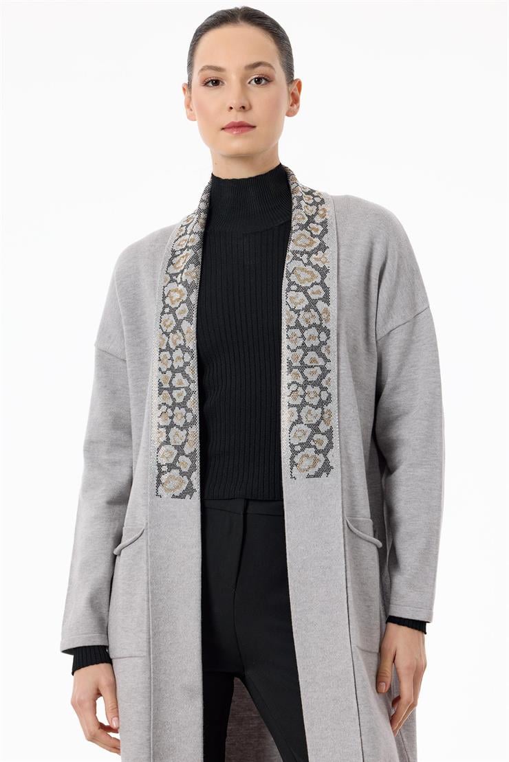 Yakası Leopar Jakarlı Uzun Triko Hırka GRİ