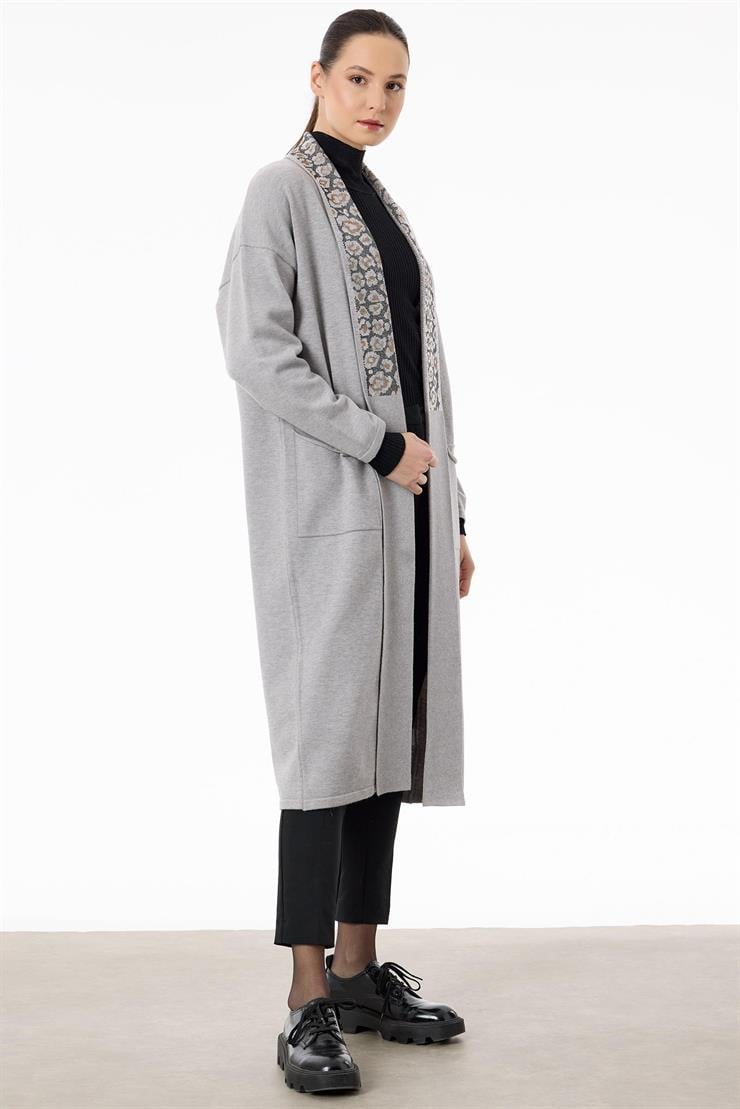 Yakası Leopar Jakarlı Uzun Triko Hırka GRİ