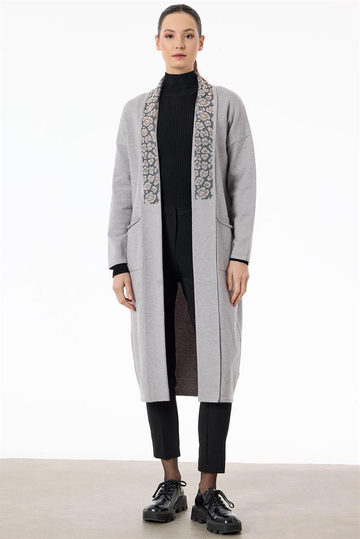 Yakası Leopar Jakarlı Uzun Triko Hırka GRİ