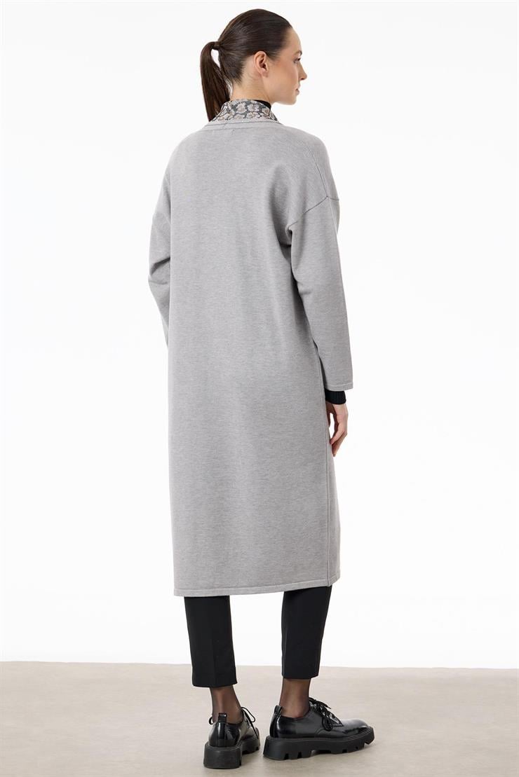 Yakası Leopar Jakarlı Uzun Triko Hırka GRİ