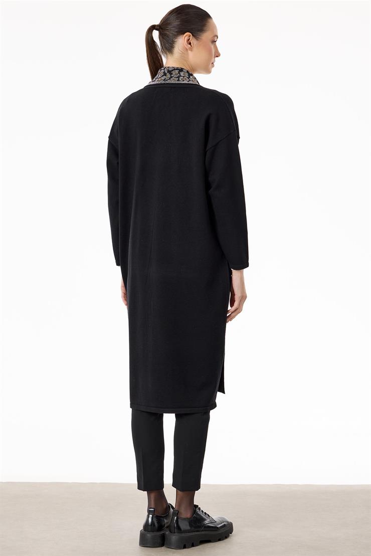 Yakası Leopar Jakarlı Uzun Triko Hırka SİYAH