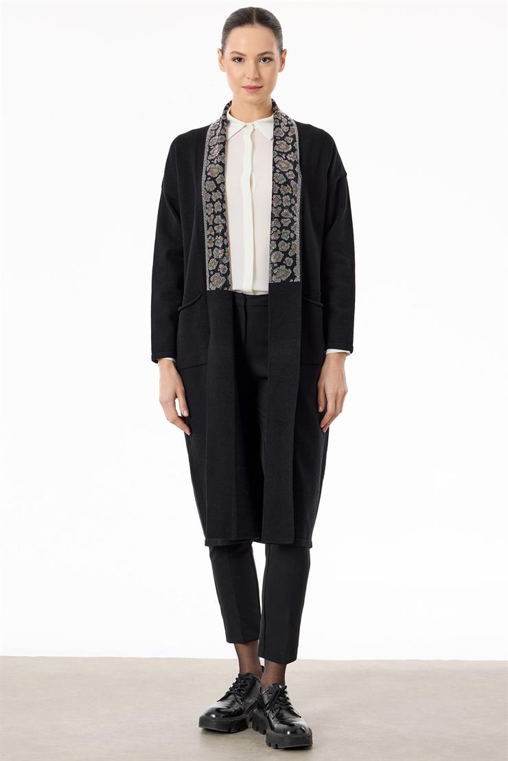 Yakası Leopar Jakarlı Uzun Triko Hırka SİYAH