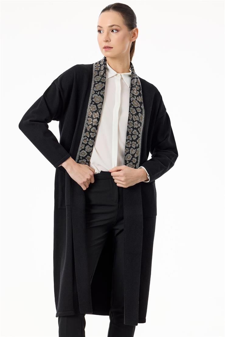 Yakası Leopar Jakarlı Uzun Triko Hırka SİYAH