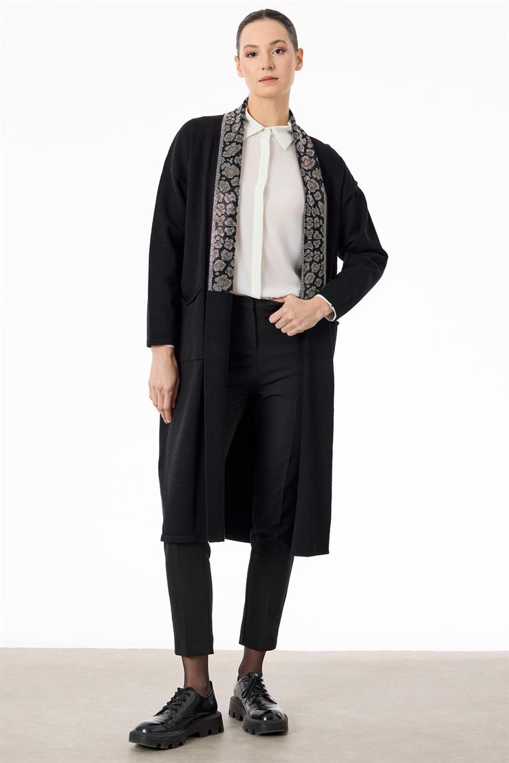 Yakası Leopar Jakarlı Uzun Triko Hırka SİYAH