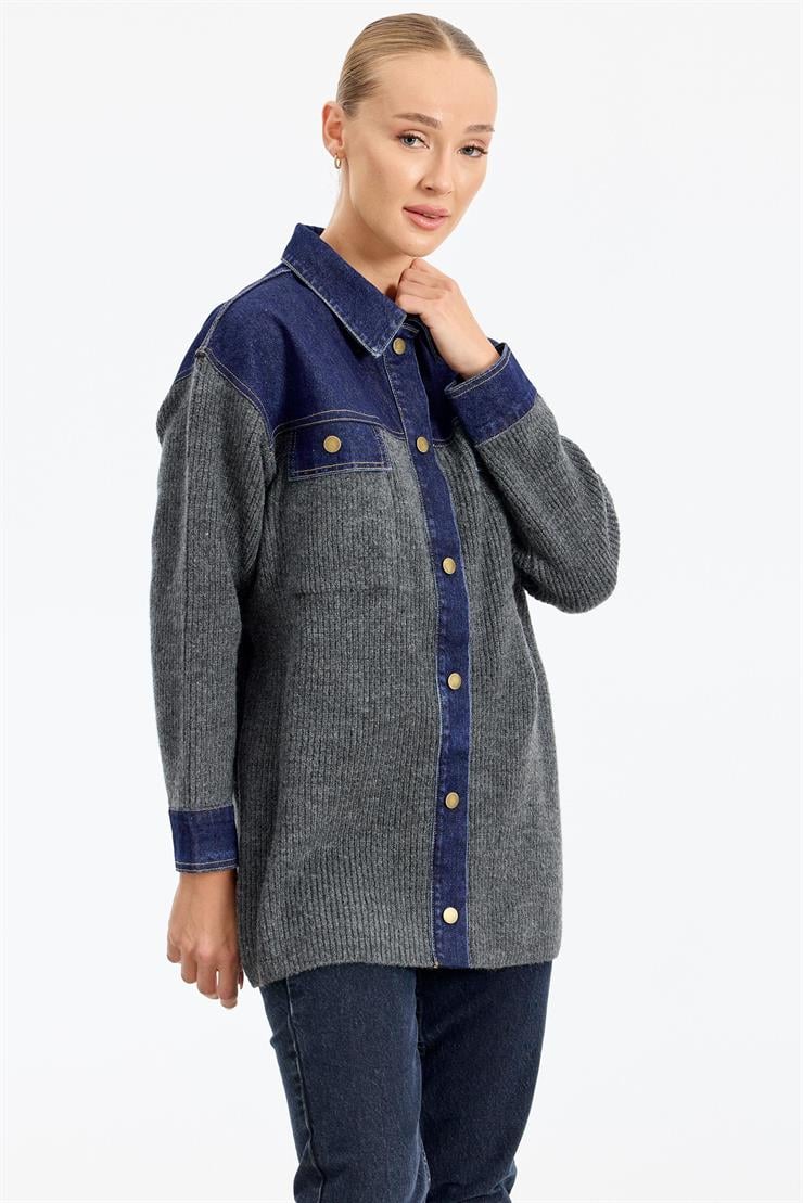 Yakası Robası Kot Detaylı  Ceket ANTRASİT