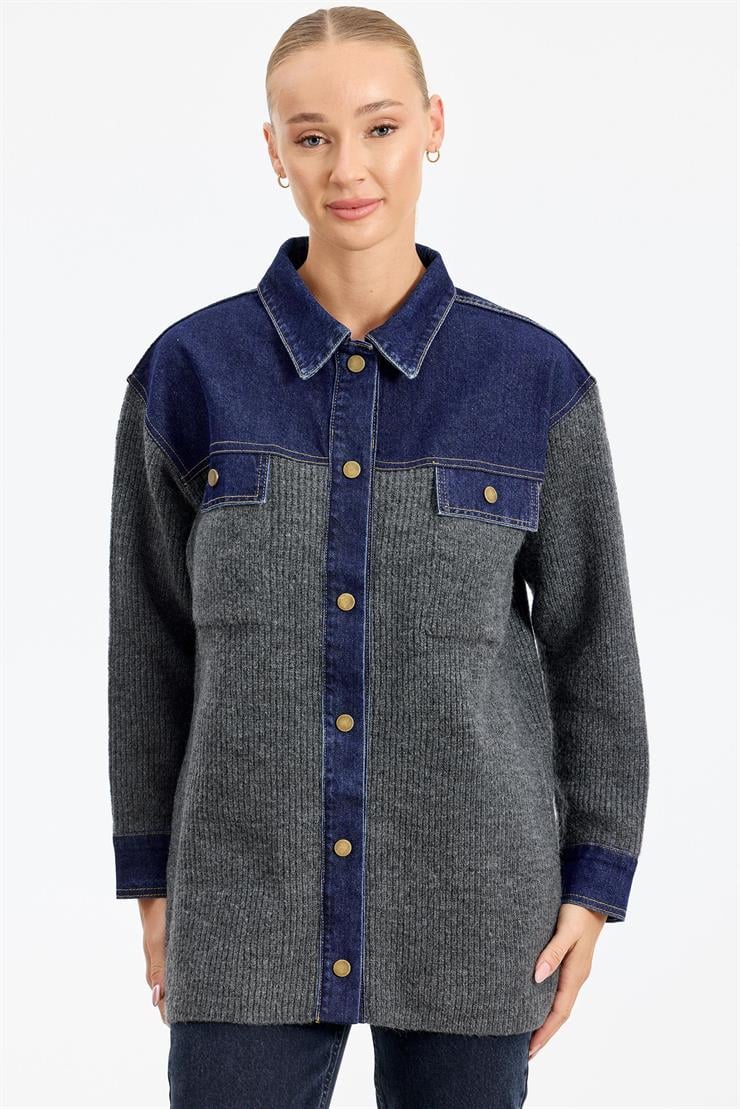 Yakası Robası Kot Detaylı  Ceket ANTRASİT