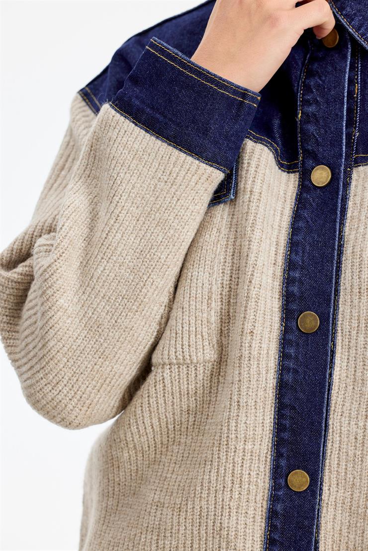 Yakası Robası Kot Detaylı  Ceket BEJ