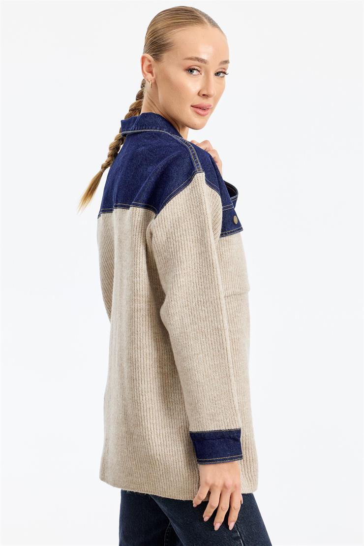 Yakası Robası Kot Detaylı  Ceket BEJ