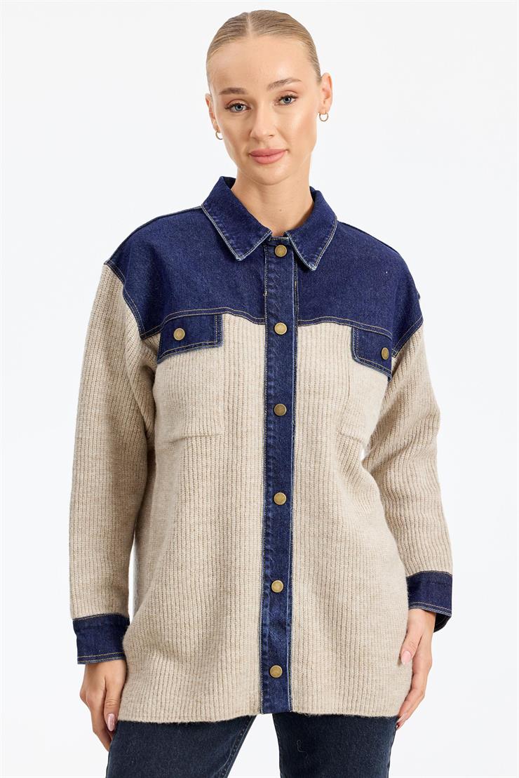 Yakası Robası Kot Detaylı  Ceket BEJ