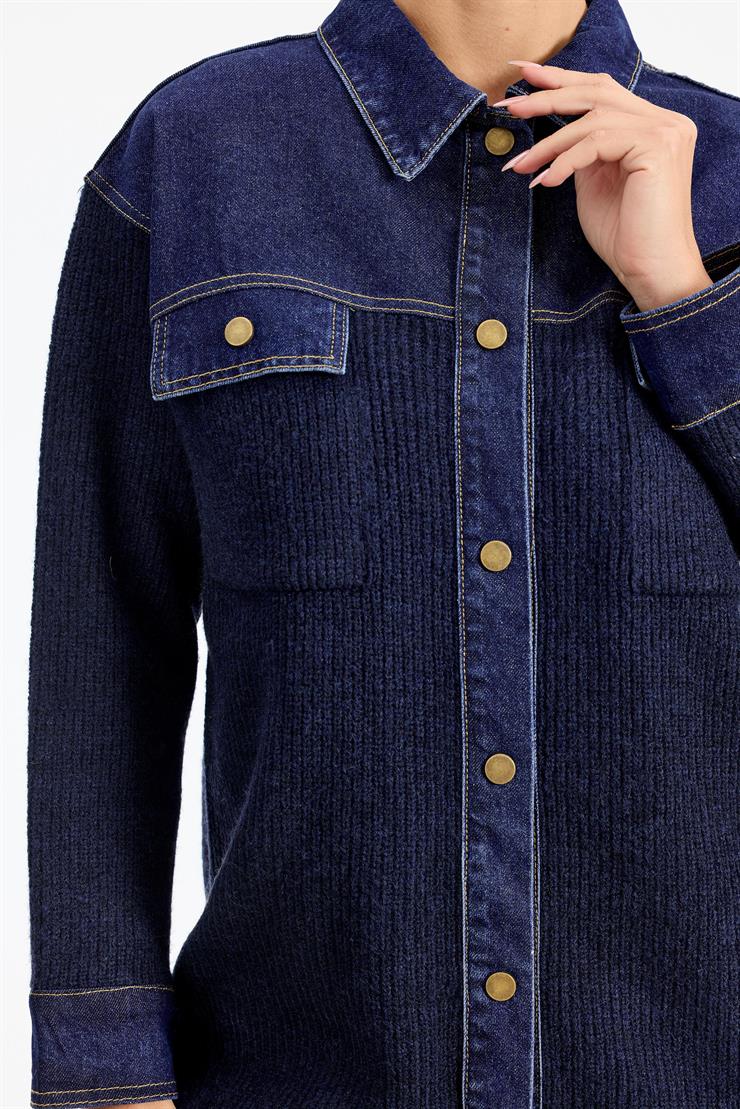 Yakası Robası Kot Detaylı  Ceket LACİVERT