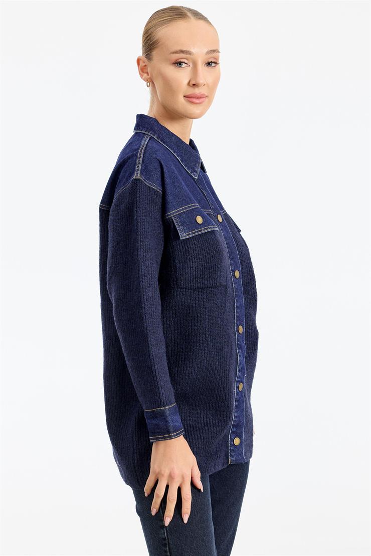 Yakası Robası Kot Detaylı  Ceket LACİVERT