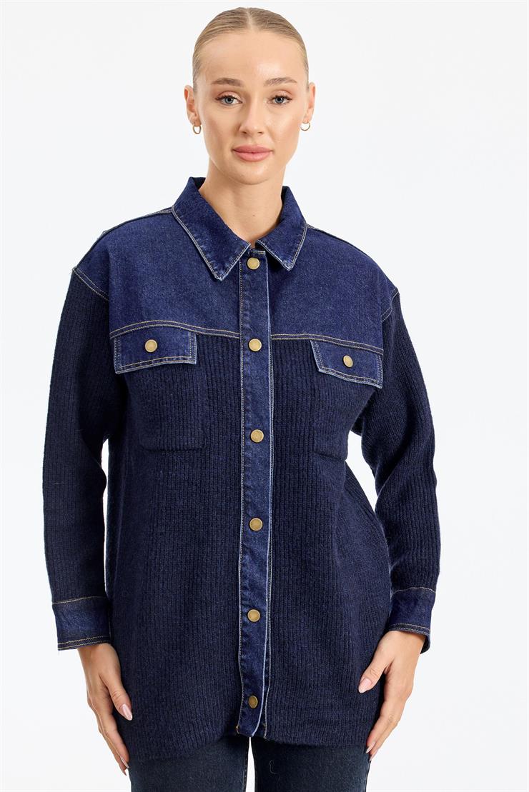 Yakası Robası Kot Detaylı  Ceket LACİVERT