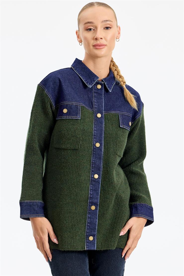 Yakası Robası Kot Detaylı  Ceket ZÜMRÜT