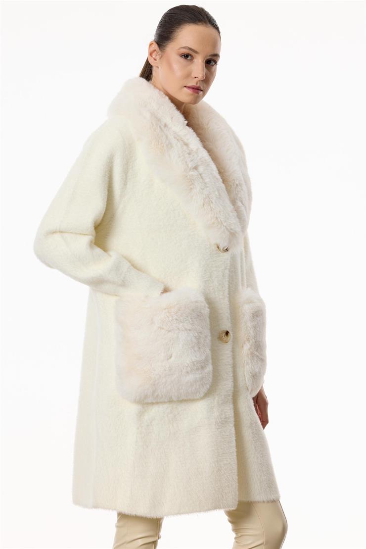 Yakası Ve Cepleri Kürklü Triko Kaban EKRU