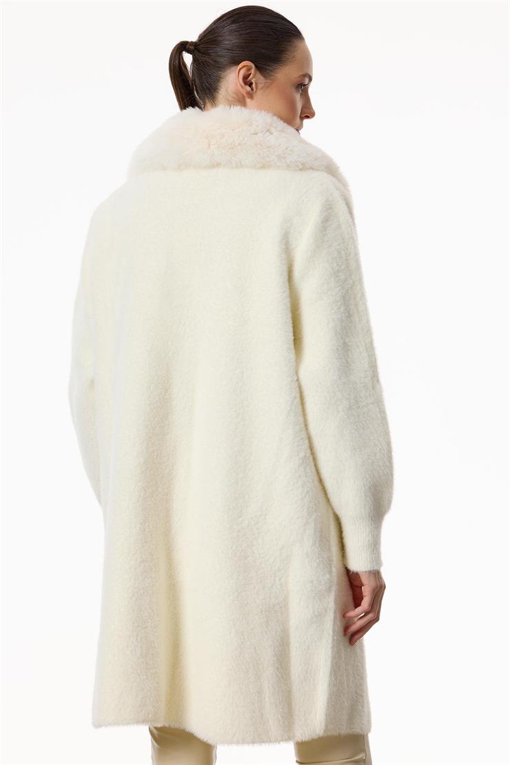 Yakası Ve Cepleri Kürklü Triko Kaban EKRU