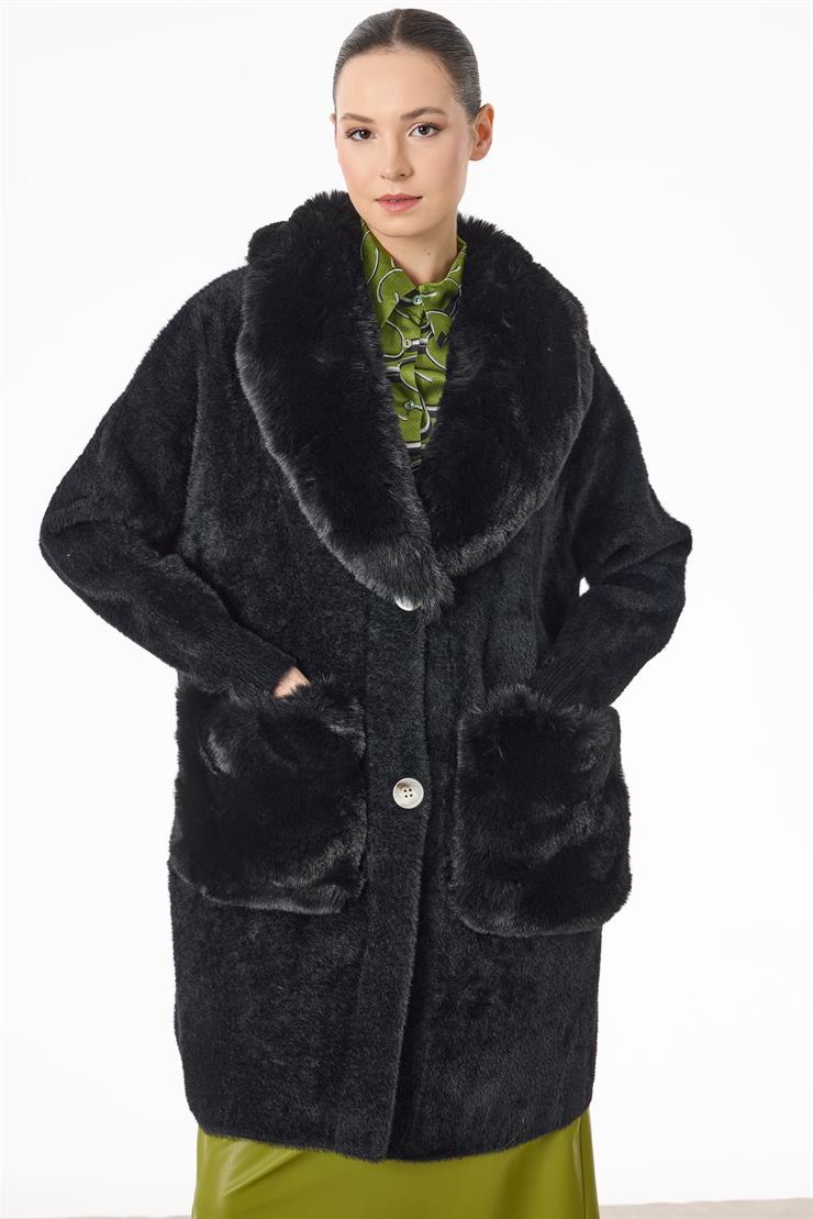 Yakası Ve Cepleri Kürklü Triko Kaban SİYAH