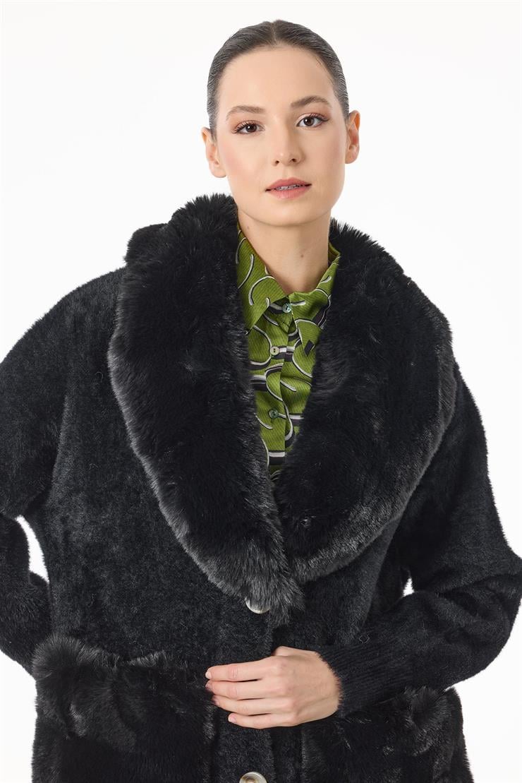 Yakası Ve Cepleri Kürklü Triko Kaban SİYAH