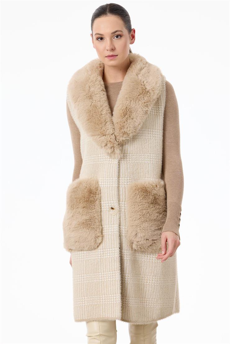 Yakası Ve Cepleri Kürklü Triko Yelek EKRU