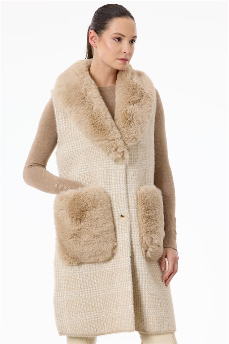 Yakası Ve Cepleri Kürklü Triko Yelek EKRU