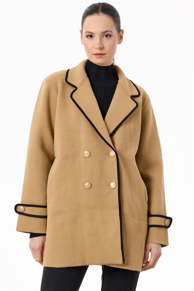 Yakası Kontur Detaylı triko Kaban CAMEL