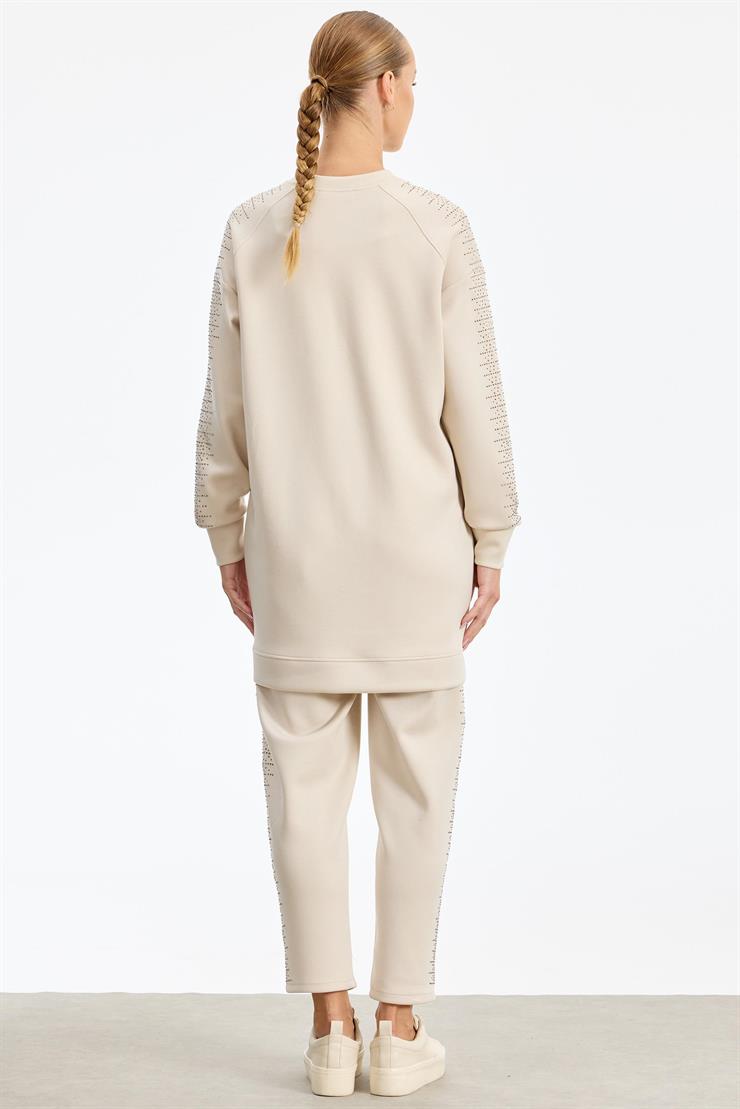 Yanı Serpme Taş Baskılı Pantolon Tunik Takım BEJ