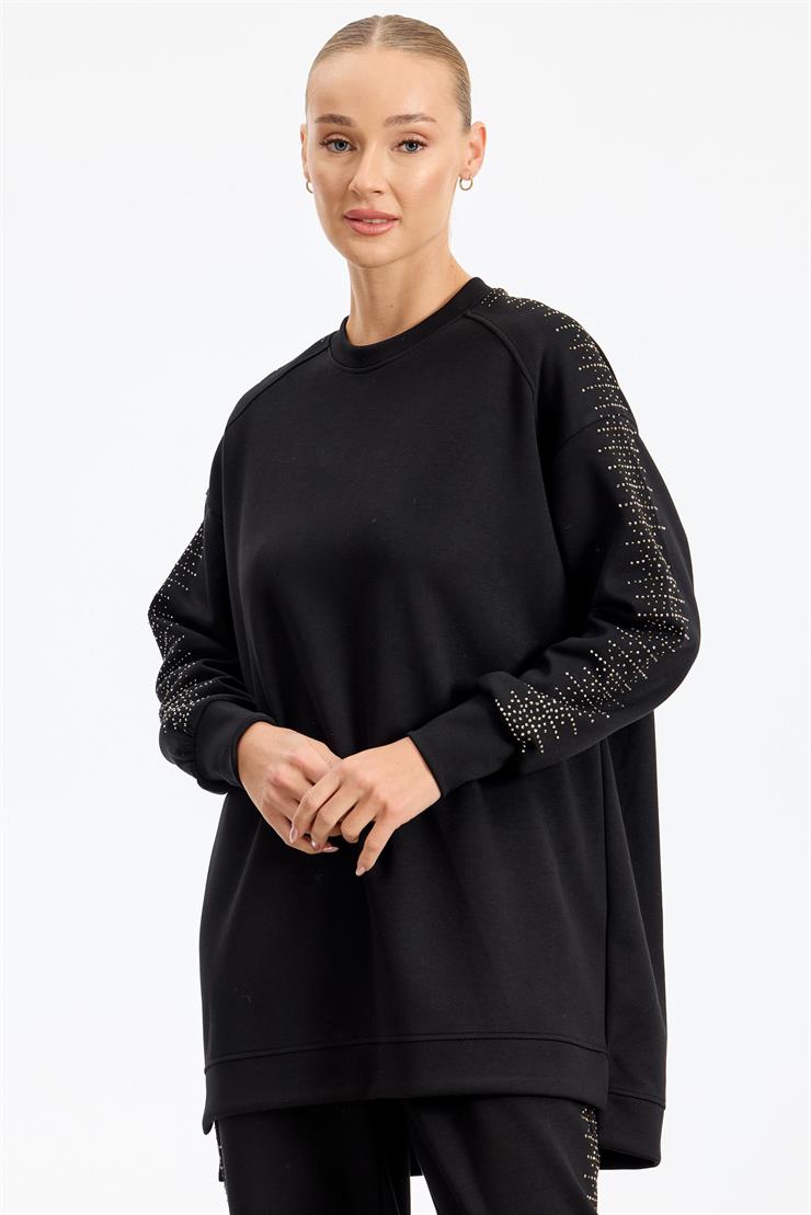 Yanı Serpme Taş Baskılı Pantolon Tunik Takım SİYAH