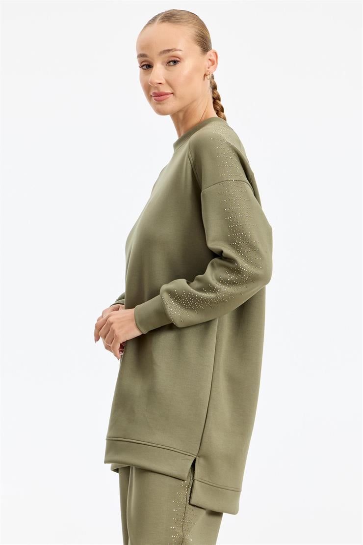 Yanı Serpme Taş Baskılı Pantolon Tunik Takım HAKİ