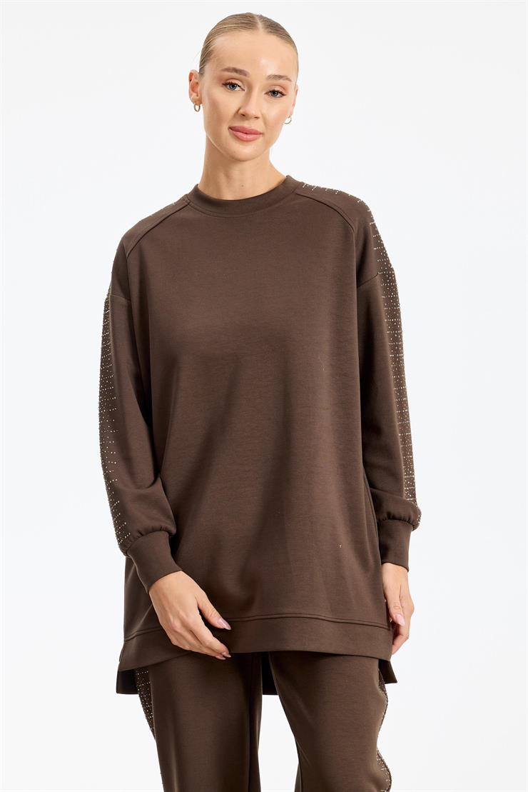 Yanı Serpme Taş Baskılı Pantolon Tunik Takım KAHVE