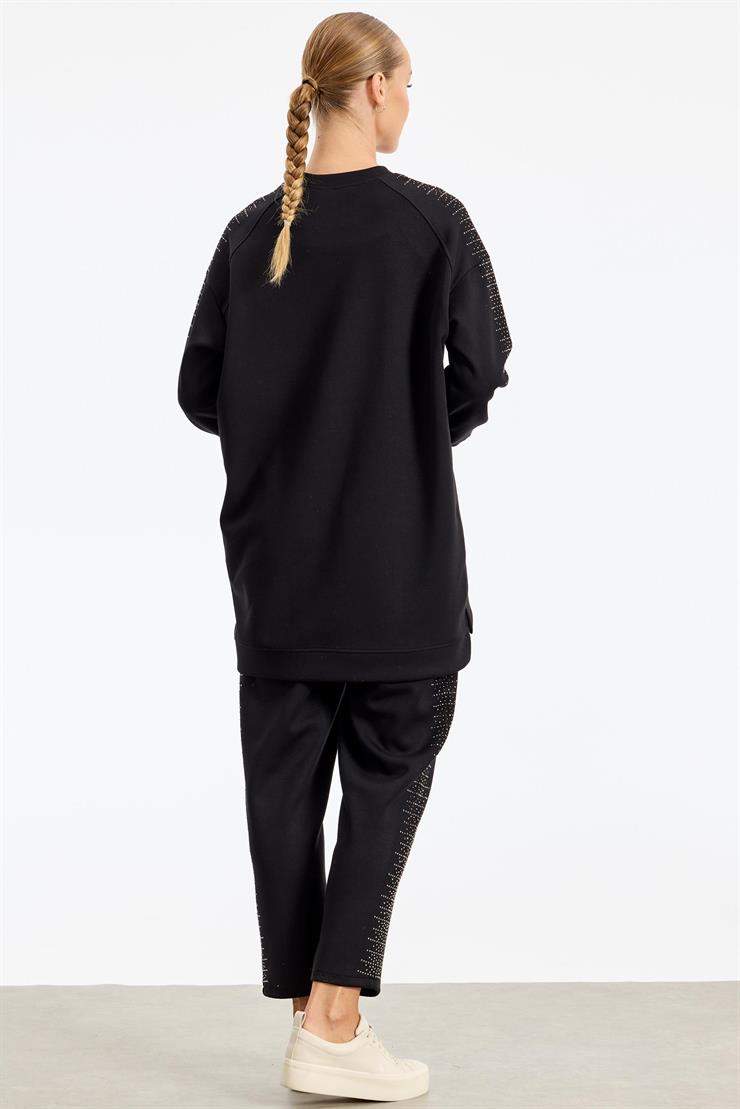 Yanı Serpme Taş Baskılı Pantolon Tunik Takım SİYAH