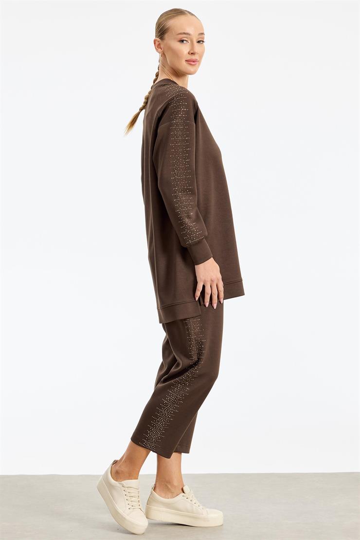 Yanı Serpme Taş Baskılı Pantolon Tunik Takım KAHVE