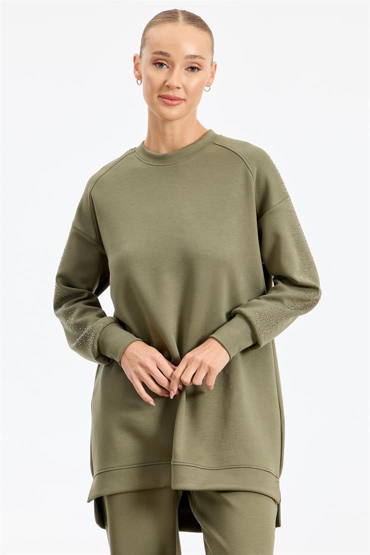 Yanı Serpme Taş Baskılı Pantolon Tunik Takım HAKİ