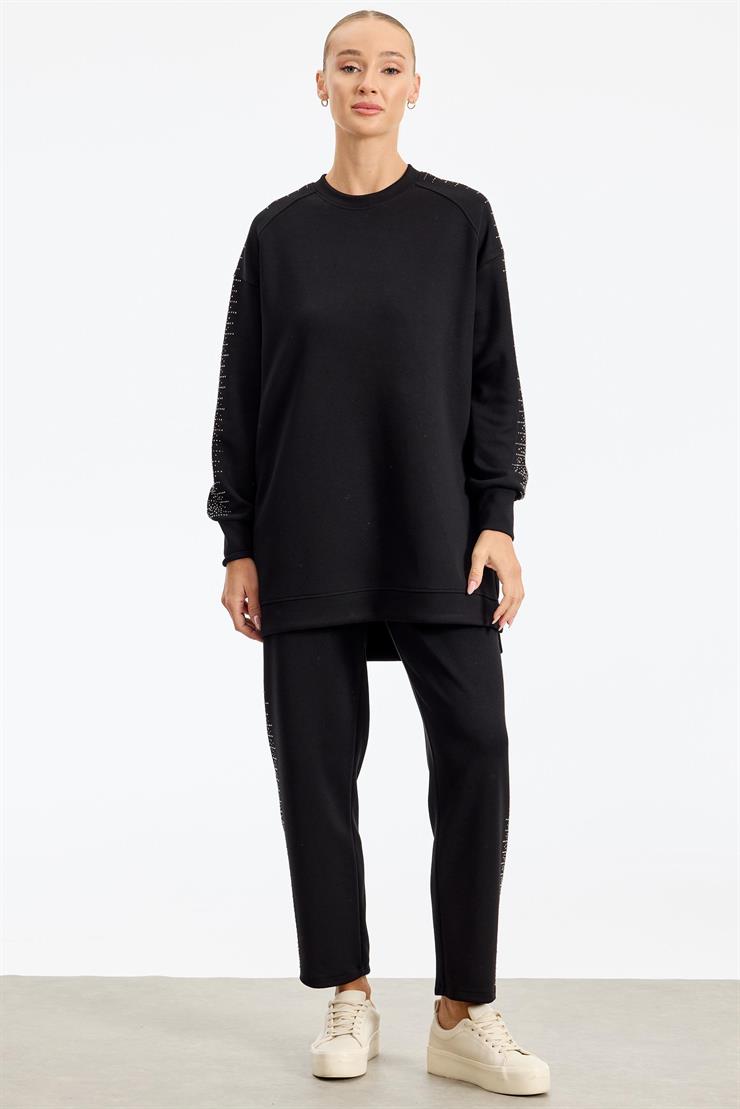 Yanı Serpme Taş Baskılı Pantolon Tunik Takım SİYAH