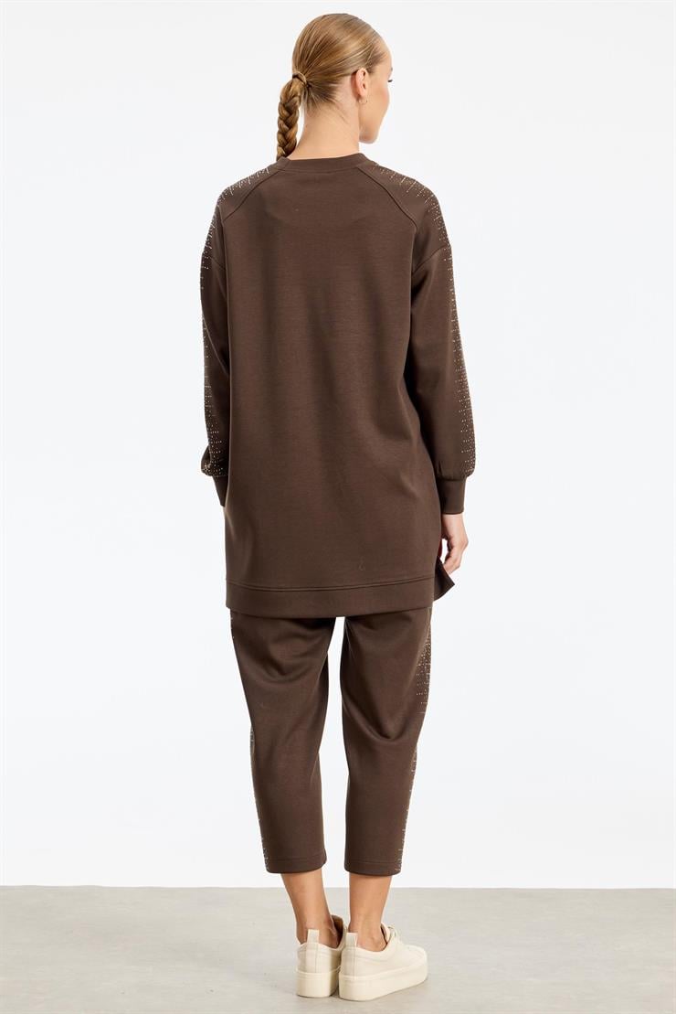 Yanı Serpme Taş Baskılı Pantolon Tunik Takım KAHVE