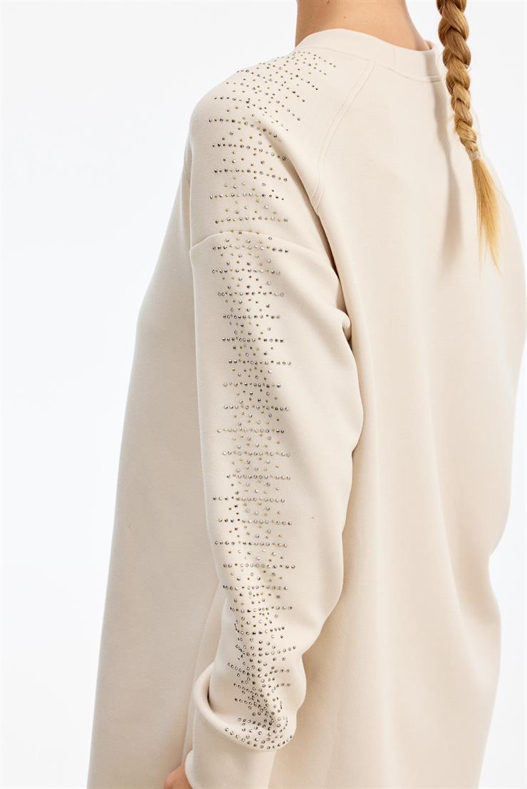 Yanı Serpme Taş Baskılı Pantolon Tunik Takım BEJ