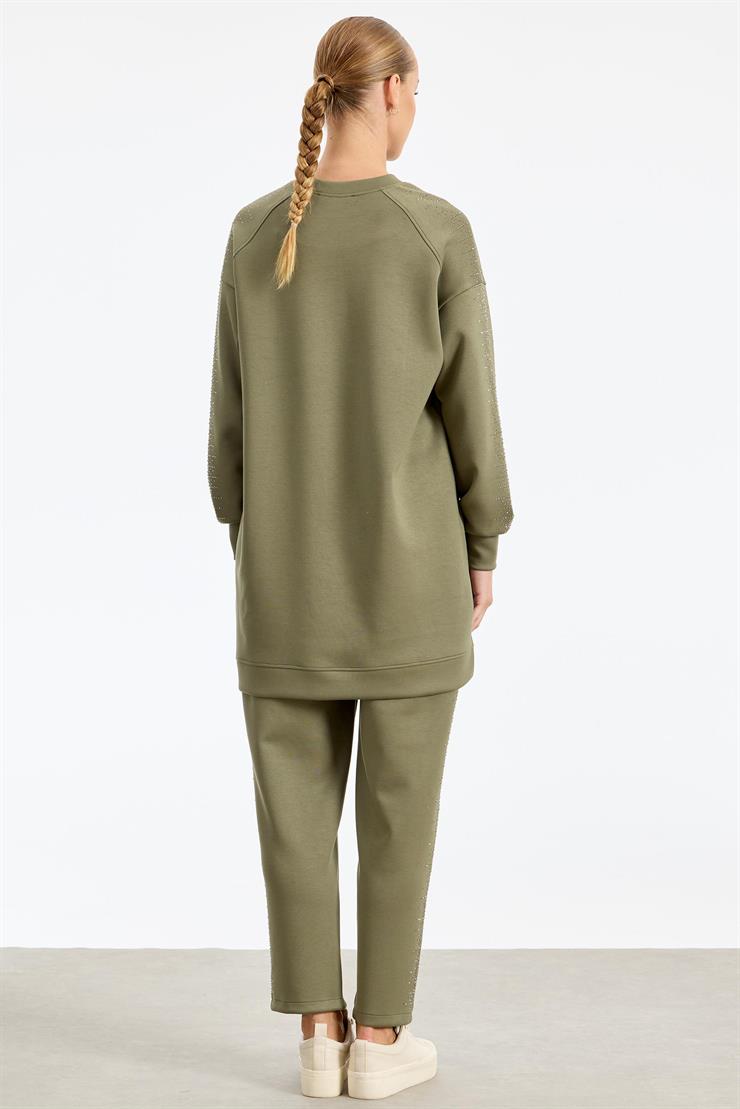 Yanı Serpme Taş Baskılı Pantolon Tunik Takım HAKİ