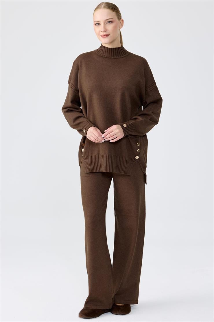 Yanları Düğmeli Tunik Pantolon Takım KAHVE