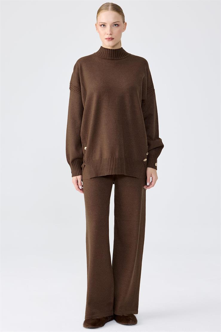 Yanları Düğmeli Tunik Pantolon Takım KAHVE