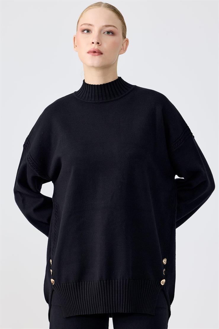 Yanları Düğmeli Tunik Pantolon Takım SİYAH